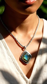 Woman wears silver chain with iridescent labradorite gemstone pendant