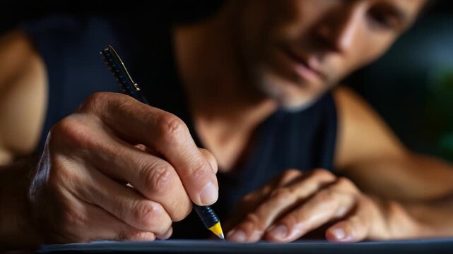 An Intense Focus on Creativity: A Close-Up of a Hand Writing with a Pencil, Capturing the Artistic Process in Action with Deep Engagement and Concentration