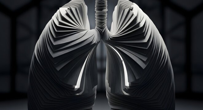 Detailed anatomical illustration of human lungs with visible bronchi and rib cage structure in a medical context from a frontal viewpoint
