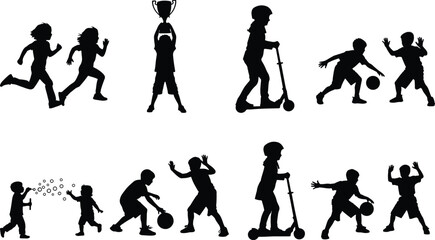 Fototapeta premium Silhouettes of children running, on scooters, playing basketball, and blowing bubbles.