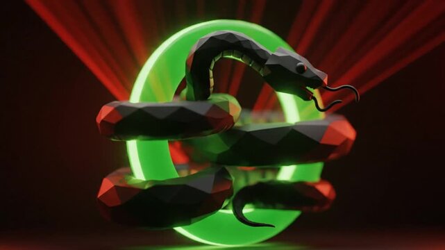 3D Low Poly Snake Coiled Around Glowing Green Neon Ring with Red Light Rays