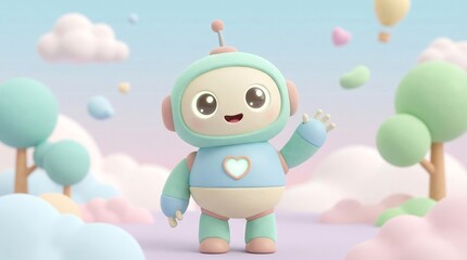 Naklejka premium Adorable pastel robot character waving hello in a dreamy, whimsical cloudscape, showcasing friendship and future tech