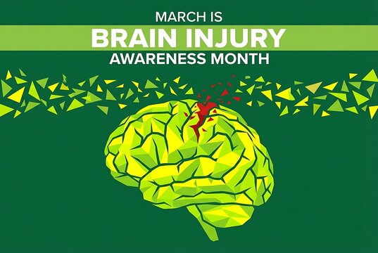 March is brain injury awareness month green background with low poly yellow human brain design showing red impact area and shattered geometric shards for medical health campaign