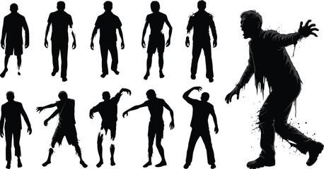 Set of zombie silhouettes walking and attacking for horror halloween party posters spooky apocalypse and undead monster designs, © Jakiatur