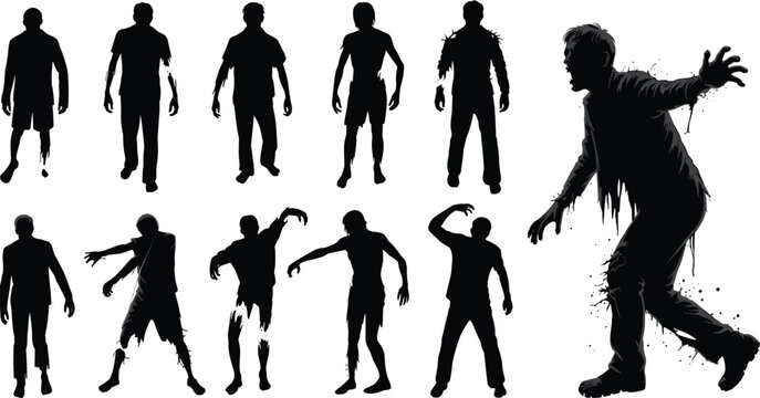 Set of zombie silhouettes walking and attacking for horror halloween party posters spooky apocalypse and undead monster designs,