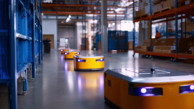 Automated delivery robots navigating through a modern warehouse, showcasing advanced logistics technology and efficient material handling processes in action.