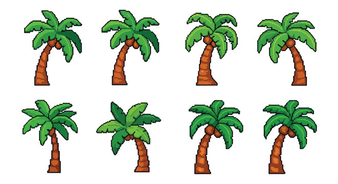 A collection of eight pixel art style palm trees featuring green fronds, brown trunks, and sometimes coconuts, set against a white background.