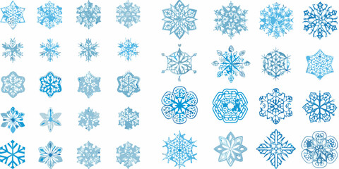 Collection of detailed light blue snowflake illustrations on a white background © Kopil