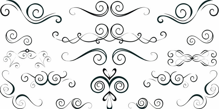 Collection of ornate black swirls and flourishes on a white background
