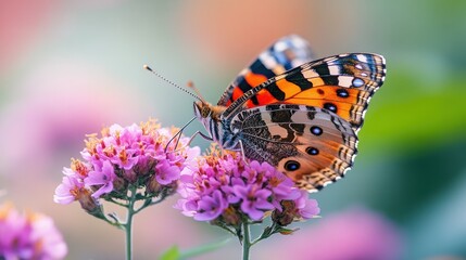 Obraz premium Vibrant butterfly perched on purple flowers in a colorful garden setting with soft focus background with nature and insect