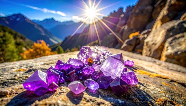 FlyPro_Firefly crushed amethyst crystals forming a vibrant purple pathway across a rough, unpolished granite slab, a detailed photograph.