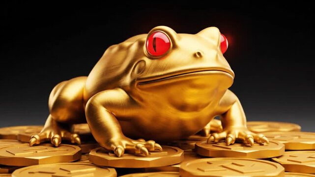 Golden Money Frog Chan Chu Statue with Red Eyes on Pile of Gold Crypto Coins, Feng Shui Symbol for Wealth, Prosperity, and Financial Success, 3D Illustration