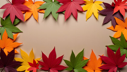 Obraz premium Vibrant paper cutout autumn leaves frame with blank beige space