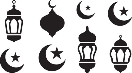 Obraz premium Ramadan Kareem Lantern and Crescent Moon Silhouette Icon Collection.