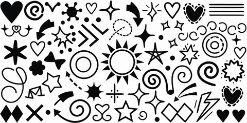 Assorted black and white hand drawn doodle shapes and patterns collection © Topoti
