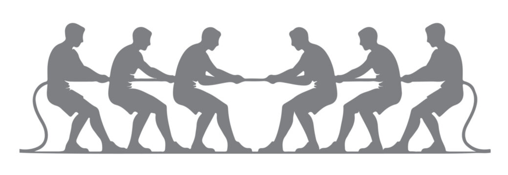 six gray silhouettes of people pulling a rope in a tug