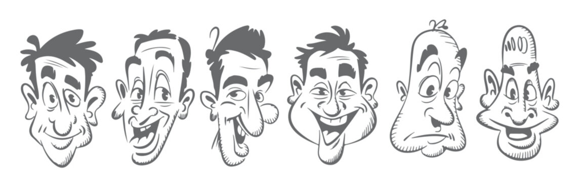 six grayscale cartoon male head silhouettes expressive faces 