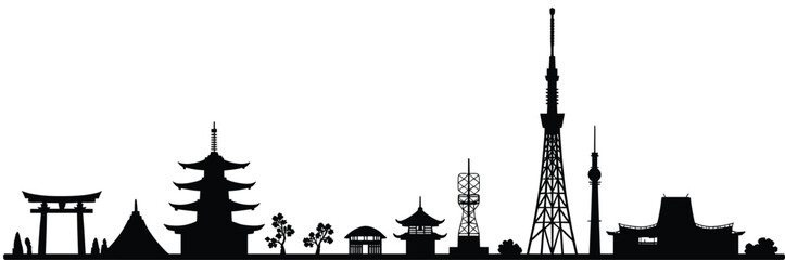 tokyo japan skyline silhouette with famous landmarks