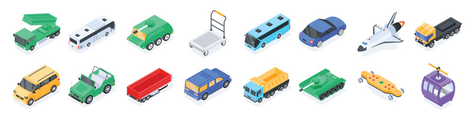 trendy set of public vehicles isometric icons © Xowkw