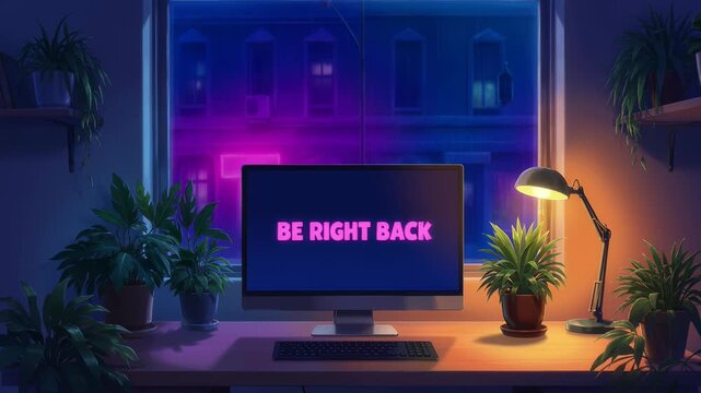 Static shot of computer monitor displaying 'Be Right Back' in cozy lo-fi room