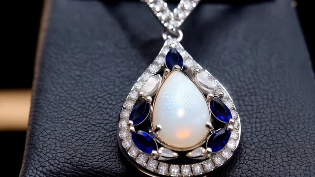 Jewelry pendant with blue stones and an opal centerpiece displayed on a black surface at a shop