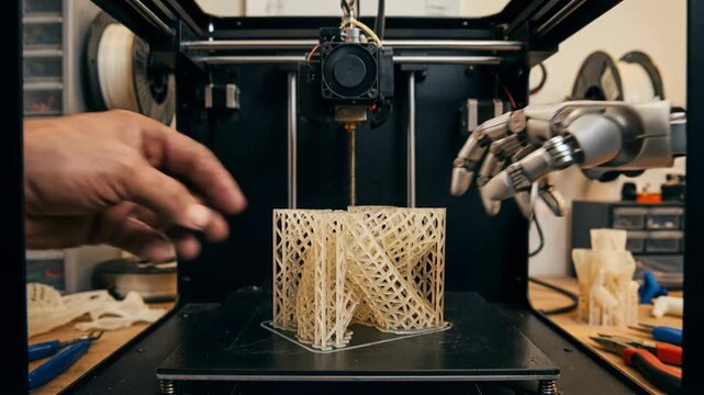 Human hand and robot hand adjusting and inspecting lattice 3D printed prototype desktop printer, collaborating to remove fresh print with tools