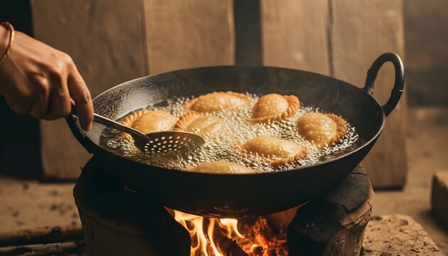 Holi festival gujiya cooking, Indian sweet frying, Traditional gujiya preparation