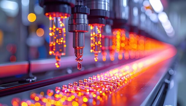 A FlyPro Firefly Peptide synthesis automation system actively producing custom peptide chains within a sophisticated laboratory facility, captured with professional precision.