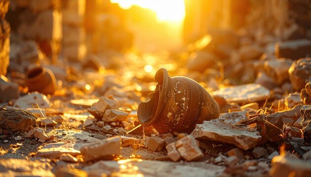 A photorealistic DSLR style depiction of shattered clay amphora fragments, poignant remnants of lost trade routes, scattered among ancient ruins under a warm, golden sun.