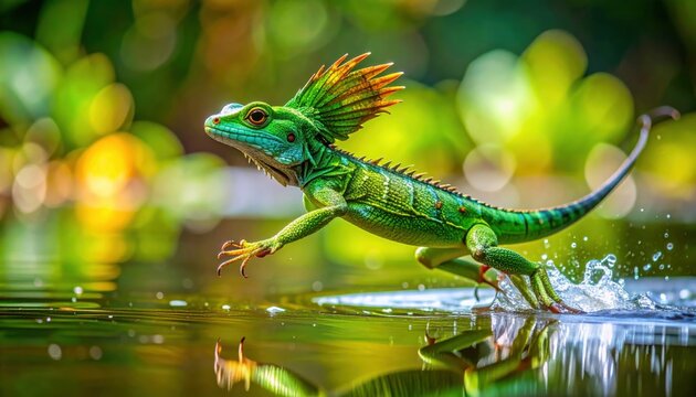 High-resolution photo of an emerald basilisk lizard with a distinctive crest, running swiftly across the surface of a calm pond.