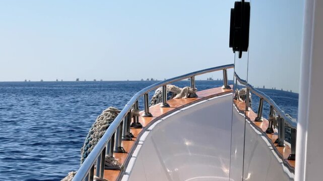Close up of floating yacht stainless steel railing on the side deck