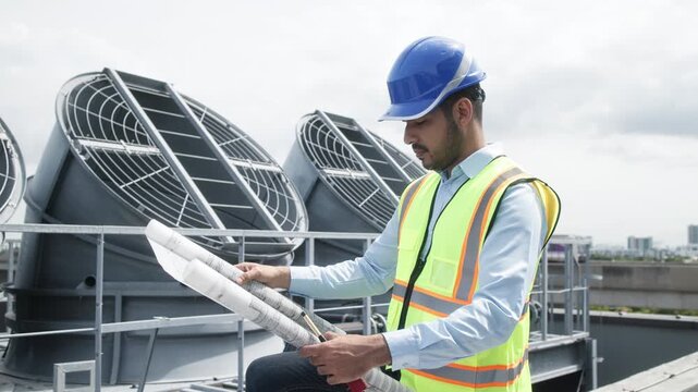 Two construction engineers in safety gear examine industrial HVAC units on rooftop, pointing and discussing project progress and setup.
