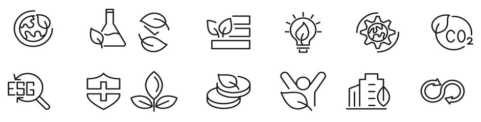 ESG line icon set. Social governance, risk, ecology, concept, including, wind power, solar panels, recycling, green city, net zero, financial performance line icon set. UI thin line icon pack. © Pjib