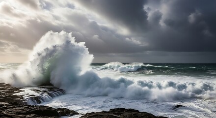 Obraz premium Crashing Power: Stormy Ocean Waves Hitting the Shore