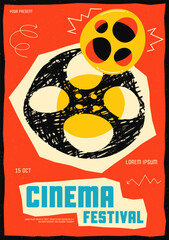 Retro grunge collage art movie festival poster template design. Abstract hand drawn film reel on paper cut out decorated with line art