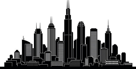 Modern city skyline silhouette with skyscrapers and urban towers, cad drawing flat vector illustration for business and real estate architecture