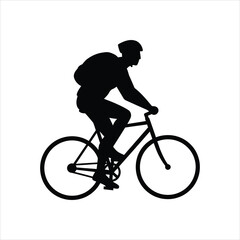 Obraz premium Silhouette of a cyclist wearing a helmet and backpack riding a bicycle with a white background