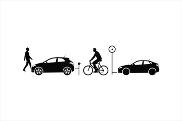 Fototapeta premium Illustration shows a pedestrian, cyclist, and two cars in a simplified urban or suburban setting.