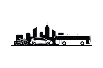 A stylized cityscape silhouette featuring a bicycle, car, and bus against a backdrop of skyscrapers.