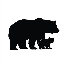 Fototapeta premium A silhouette of a mother bear and her cub walking together in a field