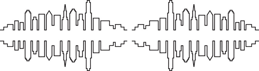 Symmetrical city skyline reflection vector illustration with water ripple effect for banners