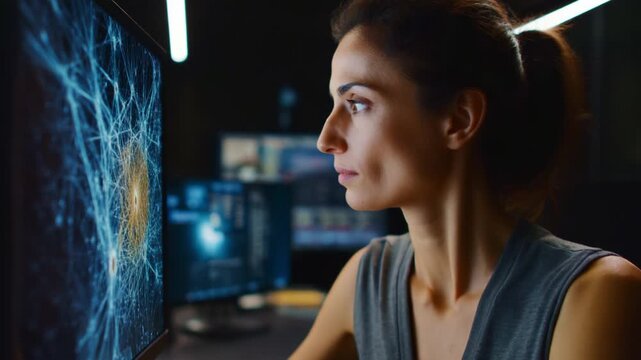 Focused Female Researcher Analyzing Complex Data Patterns on Computer Screens in Modern High-Tech Environment