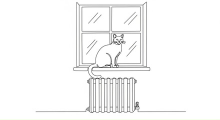 Fototapeta premium Cat sitting on windowsill above radiator with view outside 
