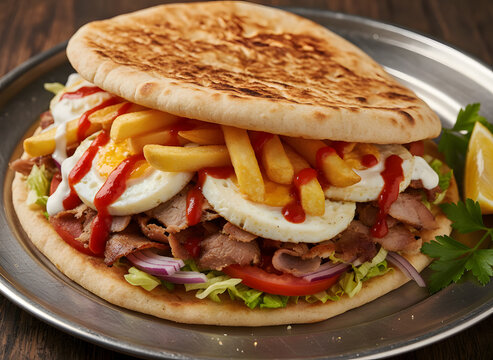 a roll filled with potatoes, large pieces of meat and eggs