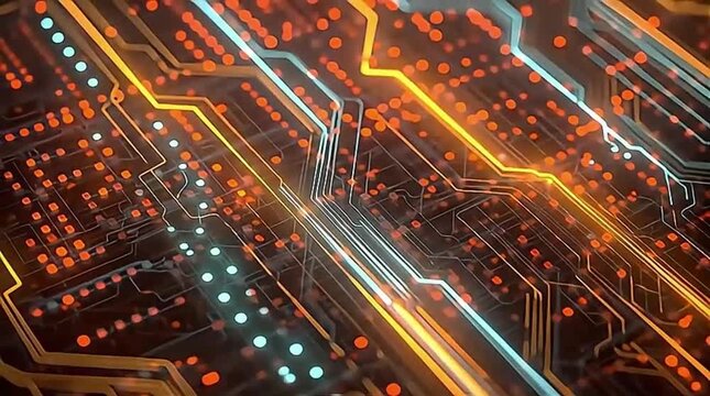 Dynamic Glowing Orange Circuit Board Lines on Dark Background with Central Empty Space