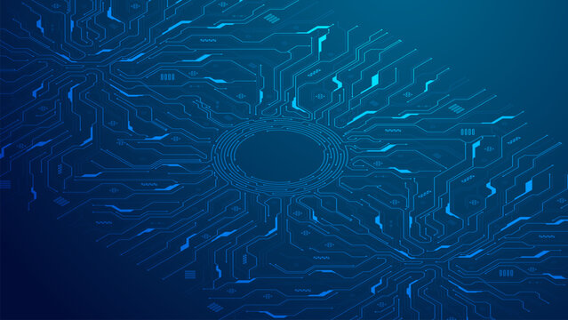 Futuristic isometric circuit background in blue. Circuit board circle line dots connection. Electronics and computer technology concepts. Electronic motherboard illustration. Vector.