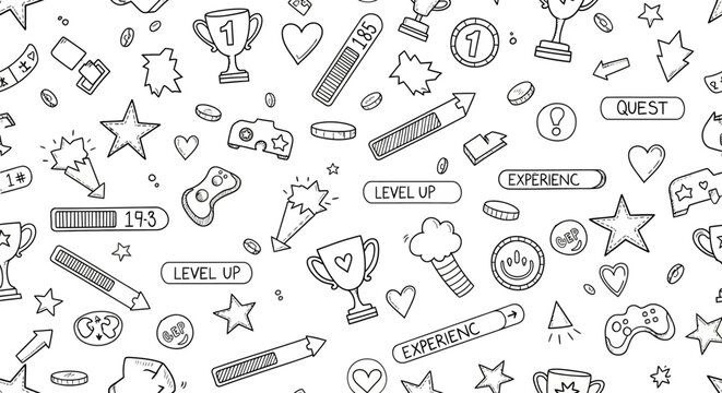 Doodle Gaming Pattern with Trophies, Stars, and Controllers, Pixel Art Style