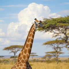 A giraffe poking its long neck into the treetops to reach leaves