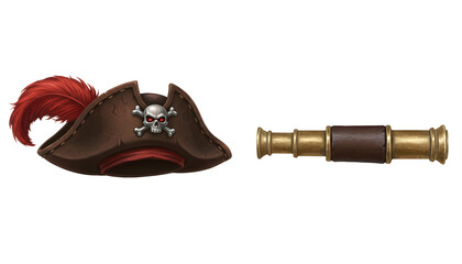 Naklejka premium A brown pirate tricorn hat with a red feather and skull emblem sits next to a brass and leather spyglass, both rendered with a painterly texture. isolated PNG with Transparent Background