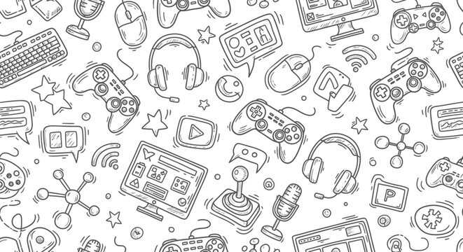 Seamless pattern of gaming icons and elements, digital art on a white background